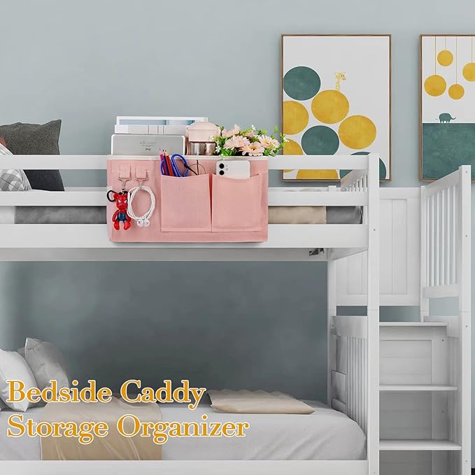 Ozzptuu Bedside Storage Caddy/Bedside Hanging Storage Bag for Headboards Bunk Beds Dorm Rooms Book Phone Magazine Holder (2PC Light Pink)