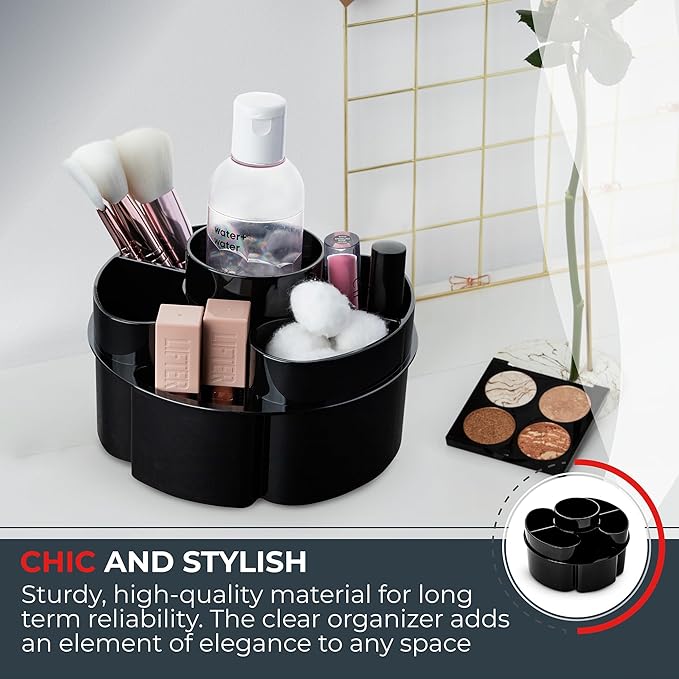 Masirs Small Rotating Makeup Organizer - Mini Yet Spacious Cosmetic Storage Solution with Multiple Compartments - The Perfect Spinning Make-Up Caddy for Vanity or Bathroom Counter (Round - Black)