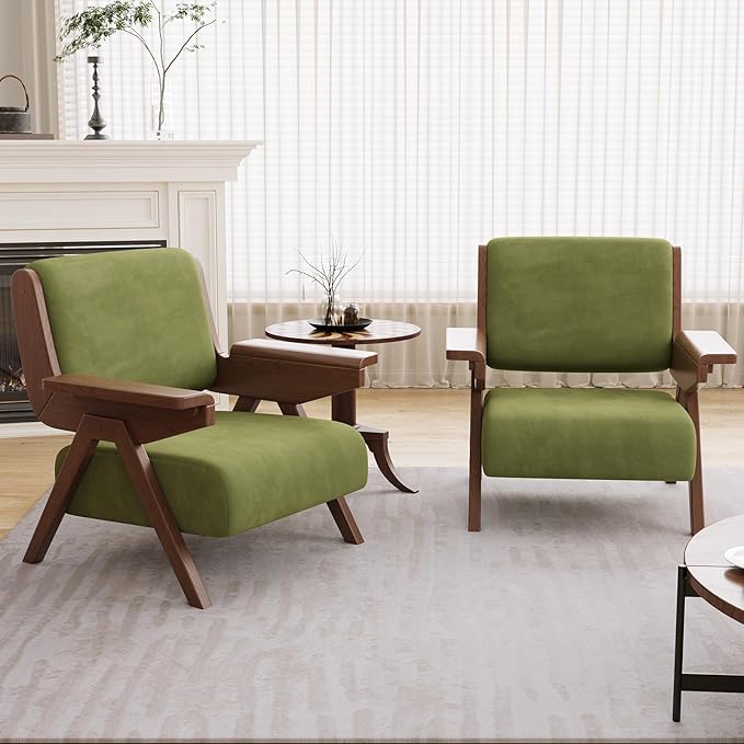 Accent Chair Set of 2, Mid Century Modern Chair, Velvet Upholstered Lounge Arm Chair with Solid Wood, Cozy Seating for Living Room, Bedroom, Balcony (Green)
