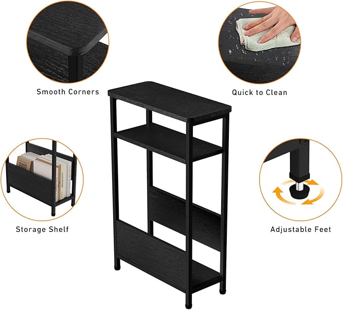 THUMEYE 7.1" Narrow Side Table for Small Spaces, 3 Tier Small End Table with Magazine Holder, Slim/Skinny Nightstand/Bedside Table for Living Room, Bedroom, 15.4" L x 24.2" H, Black