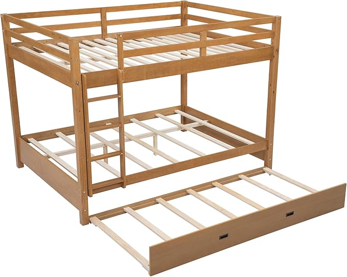 Bellemave Queen Over Queen Size Bunk Bed with Trundle for Kids/Adults,Solid Wood Bunk Bed Frame Queen Size with Ladder & Safety Guardrails,Wood Color