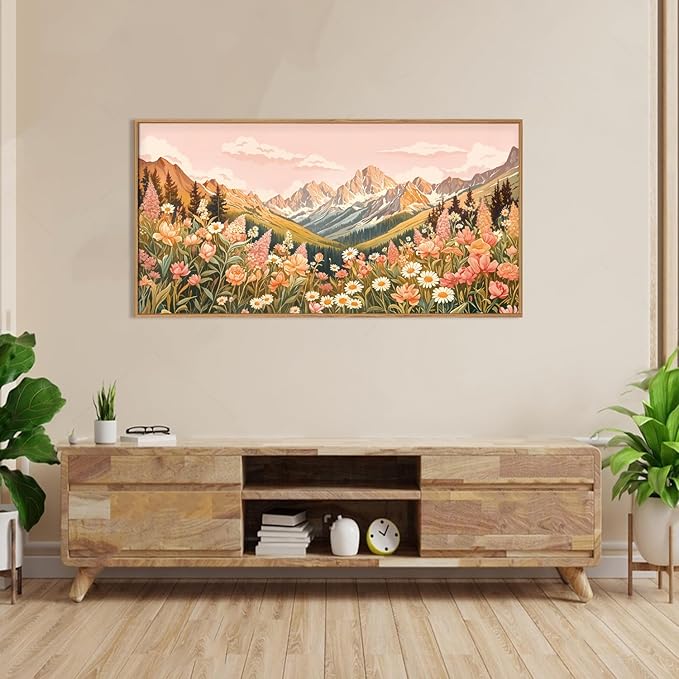 LHIUEM Large Abstract Colorful Mountain Framed Canvas Wall Art,Boho Pink Flower Wall Decor, Nature Wildflower Wall Painting,Bohemian Artwork for Living Room,Bedroom,Dining Room,Office -20"x40"x1