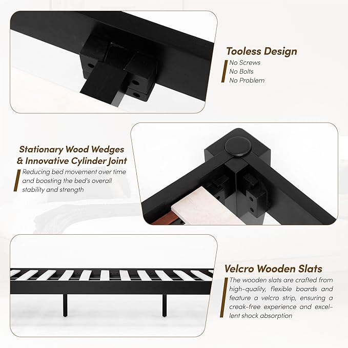 Thor Bed Frame Full - Solid Wood Platform Bed - Japanese Joinery Bed Frame - Wood Slat Support - No Box Spring Needed - Easy Assembly - Minimalist & Modern Style (Midnight Charcoal)