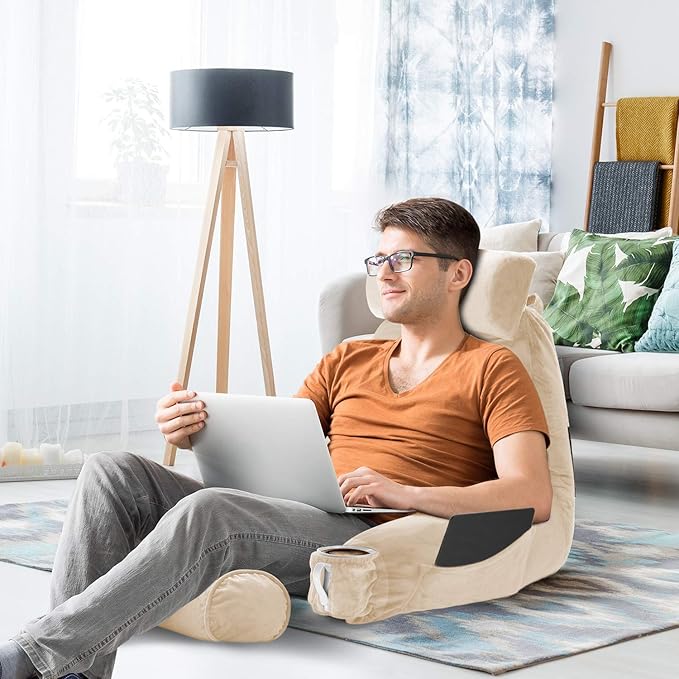 Nestl Reading Pillow with Shredded Memory Foam Includes 2 Neck and Lumber Support Pillows, Designed for Sitting Up in Bed and Couch, Back and Arms Adjustable Support for Adult & Teens, Beige Cream