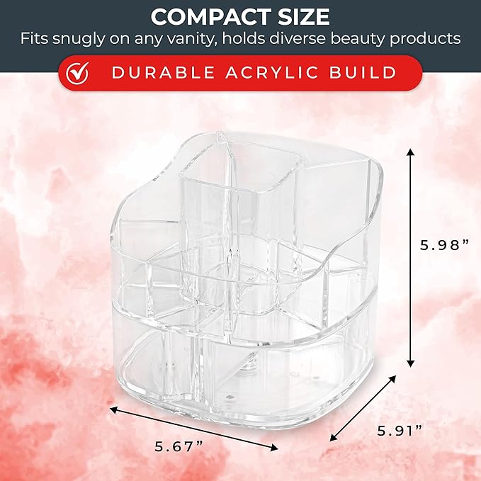 Masirs Small Rotating Makeup Organizer - Mini Yet Spacious Cosmetic Storage Solution with Multiple Compartments - The Perfect Spinning Make-Up Caddy for Vanity or Bathroom Counter (Square - Clear)