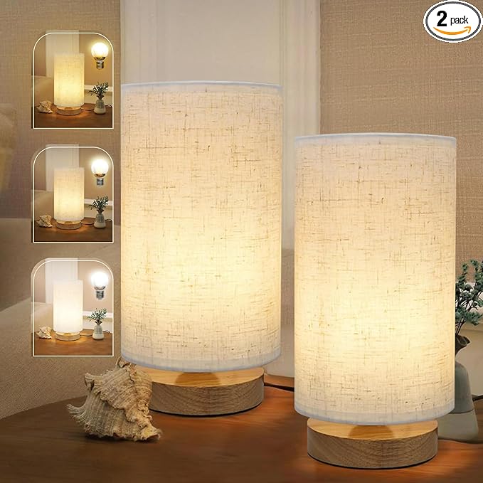 Minimalist Bedside Table Lamps for Bedrooms Set of 2, 3 Color Temperature Bedside Lamps with Round Fabric Linen Shade,Small Desk Lamp Night Nightstand Lamp Set for Living Room, Reading,Office