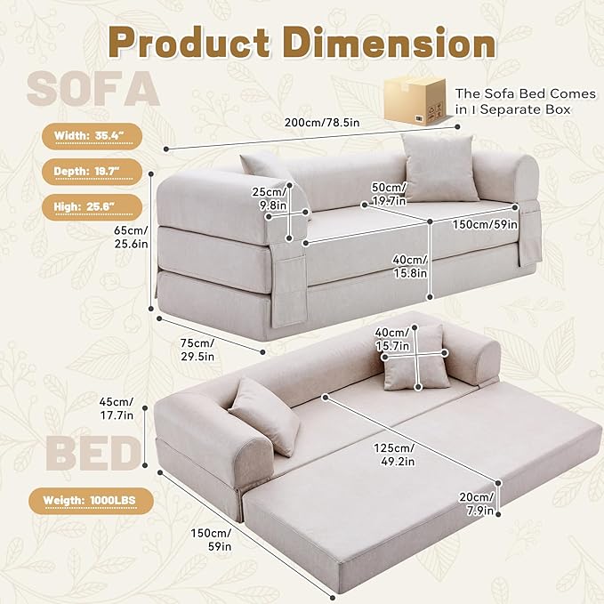 Convertible Sleeper Sofa Bed,78.5 Inch Faux Leather Futon Couch with Pillows & Storage Pocket,5-in-1 Folding Sofa Bed Queen with Pull Out Beds,Boneless Couches for Living Room,Couch in a Box,Beige