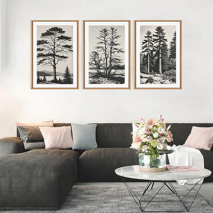 LHIUEM Large Vintage Sketch Tree Framed Wall Art Set,Antique Black and White Wall Decor,Nature Botanical Lake Artwork,Modern Wilderness Forest Art Prints for Living Room,Bedroom- 16"x24"x3