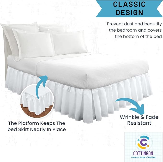Ruffled Bed Skirt with Split Corners-Dust Ruffle - 15" Drop 100% Microfiber Soft,Sheen & Luxurious Look - Bed Skirts (White -Queen)
