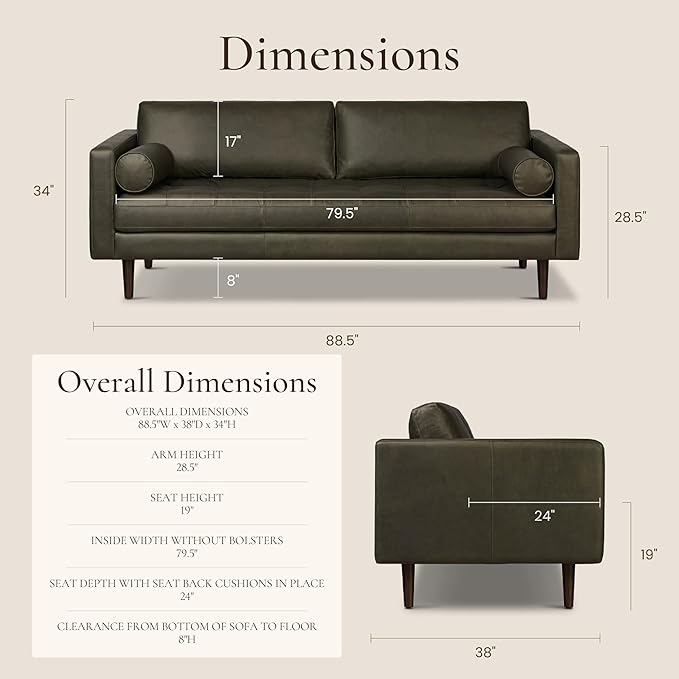 Poly & BARK Napa 88.5" Leather Sofa – Full-Grain Italian-Tanned Aniline Leather, Feather-Down Comfort, Solid Wood Frame, Walnut Legs, Olivine Green