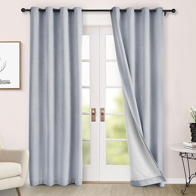 Macochico 52" Wx108 L 100% Blackout Curtains Extra Long Thermal Insulated Chenille Curtains for Living Room Bedroom Auditorium Home Theater Gray Blue Grommet Curtains with Tieback Classic 1 Panel