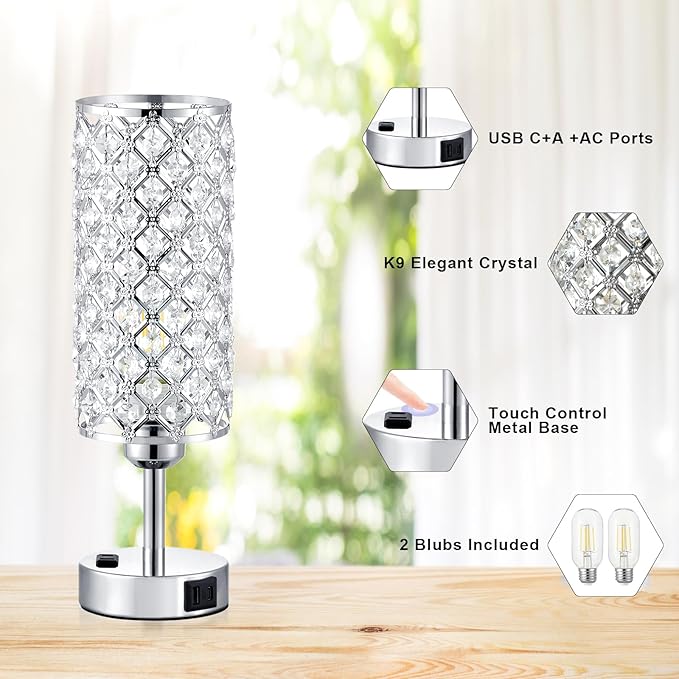 Hong-in Crystal Lamp Touch Control Set of 2, Sliver Crystal Table Lamps with USB C+A Ports & AC Outlet, 3-Way Dimmable Nightstand Touch Lamp, Modern Bedside Table Lamp for Bedroom(Bulbs Included)