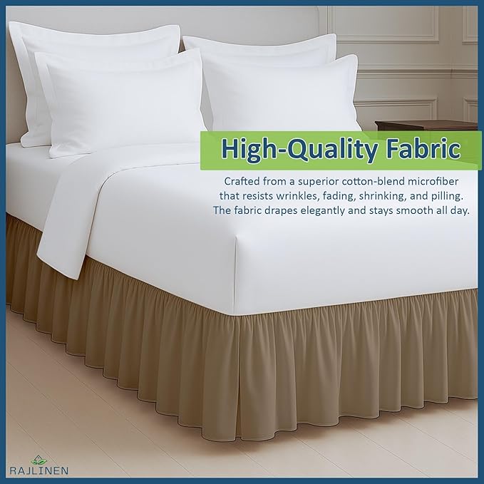 Rajlinen Ruffled Bed Skirt California King, 12 Inch Drop Dust Ruffle with Split Corners, 100% Microfiber Bedskirt with Platform, Three-Sided Coverage Ruffled Gathering Design, Taupe