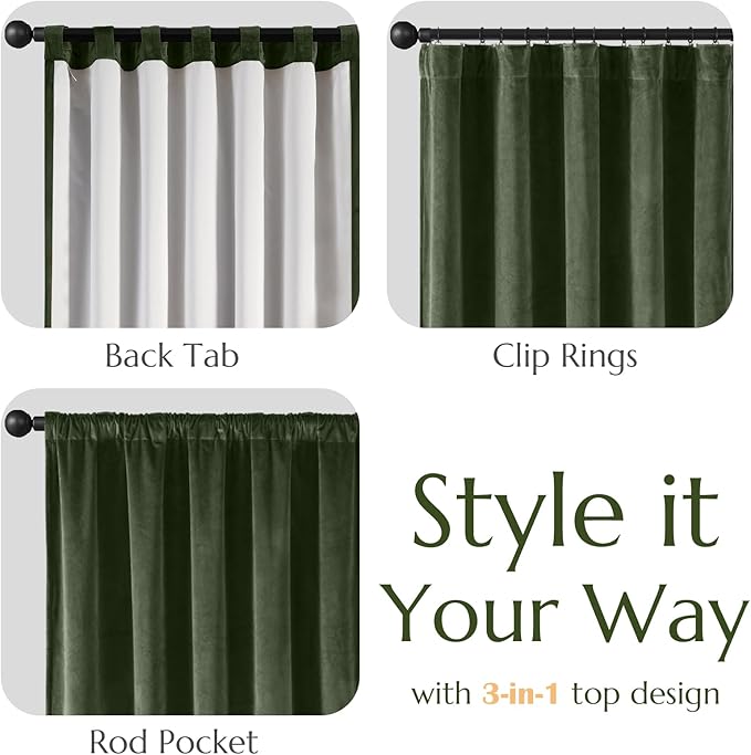 Lazzzy Green Velvet Curtains 84 Inch Long Blackout Thermal Insulated Room Darkening Lined Curtain Drapes Luxury Back Tab Window Treatments for Bedroom Living Room 2 Panels, 52 x 84 Inch, Moss Green