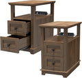 HIFYOBRO Narrow End Table with Flip Top Charging Station Set of 2, Side Table with 2 Drawers, Type-C & USB Port & Power outlets, Wooden Storage Cabinet for Living Room and Bedroom