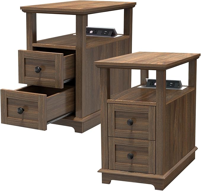 HIFYOBRO Narrow End Table with Flip Top Charging Station Set of 2, Side Table with 2 Drawers, Type-C & USB Port & Power outlets, Wooden Storage Cabinet for Living Room and Bedroom