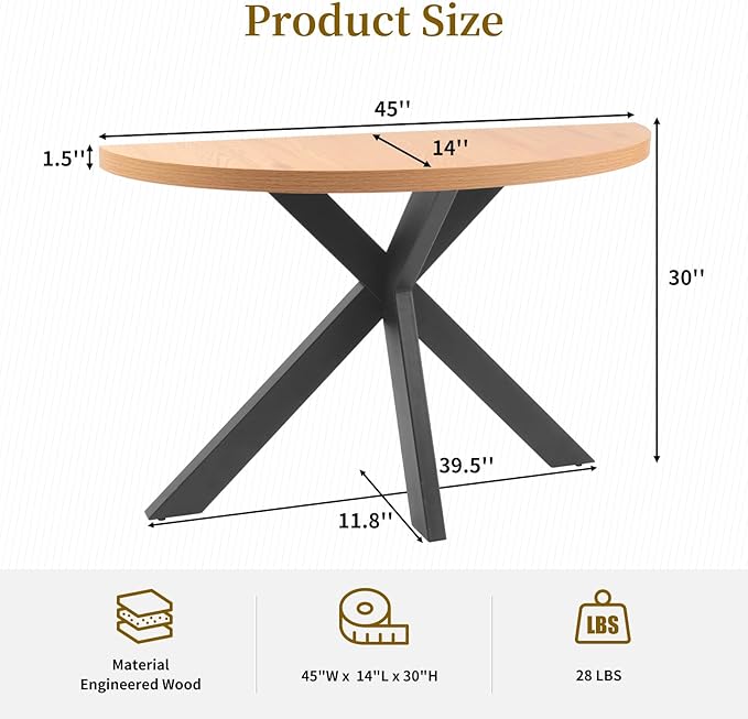 Half Moon Table for Small Spaces,45" Wood Entry Console Table with Adjustable Metal Legs,Hallway