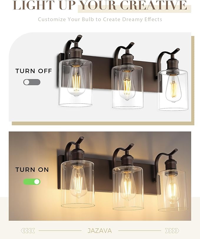 3 Light Bathroom Vanity Light, Morden Bathroom Lighting Fixtures Over Mirror Oil Rubbed Bronze Wall Light Fixtures with Clear Glass Shade ZCVL01ORB-3