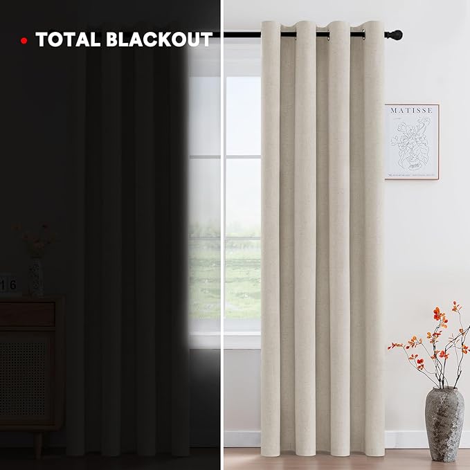PrinceDeco Nature Linen Curtains 100% Back Out Curtains for Living Room/Bedroom 84 Inch Length Burlap Fabric Thermal Insulated & Light Blocking Nickel Grommet Window Drapes Set of 2,Heathered Linen