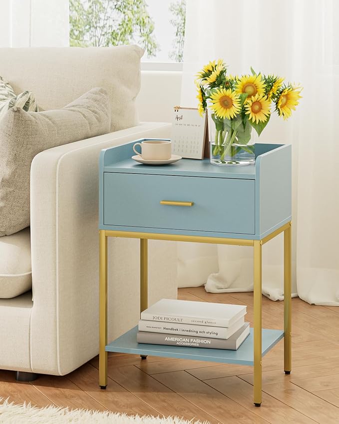 Masupu Nightstand,Bedside Table 3-Tier Modern Night Stand with Storage Drawer and Shelf,Small End Side Table for Bedroom,Living Room,Black (Without Outlet, Blue)