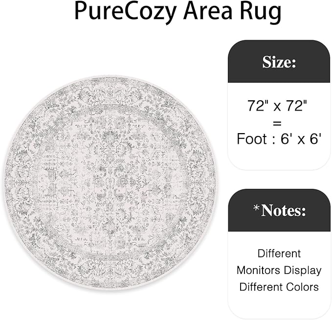 Grey Round Area Rug 6ft Entryway Door Mat Small Circle 6x6 Kitchen Vintage Carpet Non Slip Indoor Bedroom Washable Distressed Floral Retro Accent Throw Rug Office Bathroom