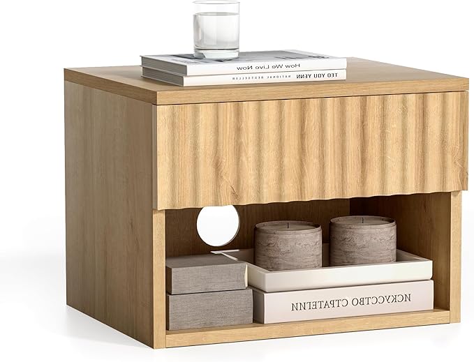 Floating Nightstands Set of 2 with Drawer and Open Shelf, Small Wall Mounted Bedside End Table, Modern Fluted Night Stand for Bedroom, Living Room, Natural Oak