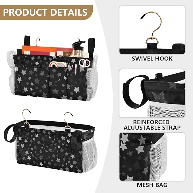 Bedside Caddy Hanging Bunk Bed Caddy Bed Organizer Hanging Pocket with 2 Hooks Bedside Storage Organizer Pocket Bag Holder Silver Stars Black