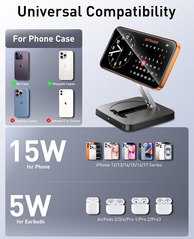 Magnetic Wireless Charger, [2 Pack] 15W Foldable Fast Charging Stand for iPhone 17/16/15/14/13/12 Series/AirPods 3/2/Pro 2/3, Samsung Wireless Charger Station for Galaxy S25 Ultra/S24/S23/S22/S21/S20