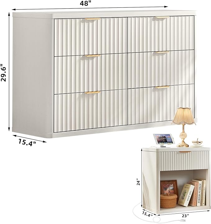 LEYAOYAO 48" Wide Fluted Dresser and 1 Drawers 23" Nightstand Set of 2, Wooden Dresser & Night Stand with Charging Station, 3 Piece Bedroom Furniture Set, Chest of Drawer for Living Room,Antique White