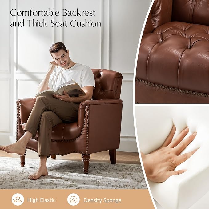 HULALA HOME Mid Century Modern Leather Club Chairs Set of 2, Top-Grain Genuine Leather Armchairs with Button-Tufted Back & Solid Wood Legs, Accent Chairs for Living Room/Bedroom/Home Office, Brown
