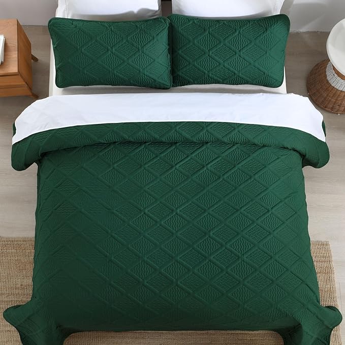 Yiran Quilts King Size, Emerald Green Spring Summer Bedspread Bedding Set, 3 Pieces Diamond Pattern Thin Lightweight Coverlet with 2 Pillow Shams for All Season 106x96 Inch