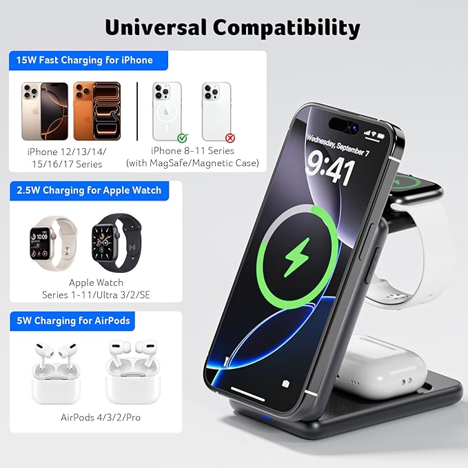 Acer 3 in 1 Charging Station for iPhone, Wireless Charger Stand,15W Fast MagSafe Charger for iPhone 17 16 15 14 13 12 Series-Apple Watch 10 9 8 7 6 5 4 3 2 SE and Ultra Series-Airpods 4 3 2 Pro Series