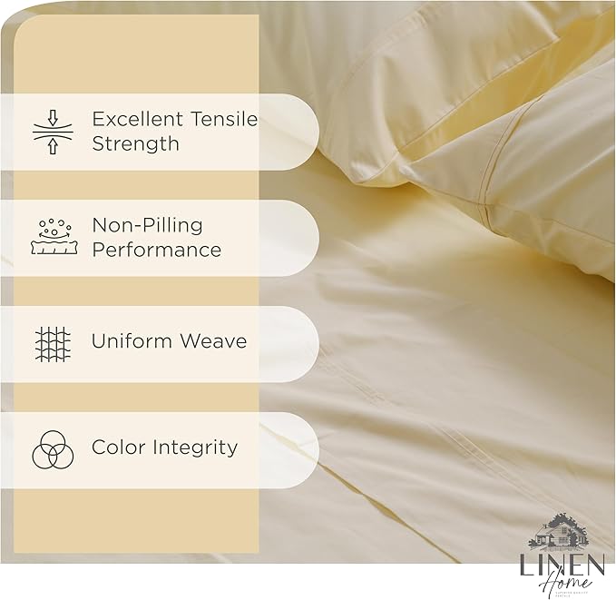 Linen Home 100% Cotton Percale Sheets Twin Size, Ivory, Deep Pocket, 3 Pieces Set - 1 Flat, 1 Deep Pocket Fitted Sheet and 1 Pillowcase, Crisp Cool and Strong Bed Linen