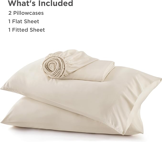 Bedsure Queen Sheet Set, Rayon Derived from Bamboo, Cooling Sheets, Breathable & Soft, Deep Pocket Up to 16", Hotel Luxury Silky Bedding for Hot Sleepers, Light Beige