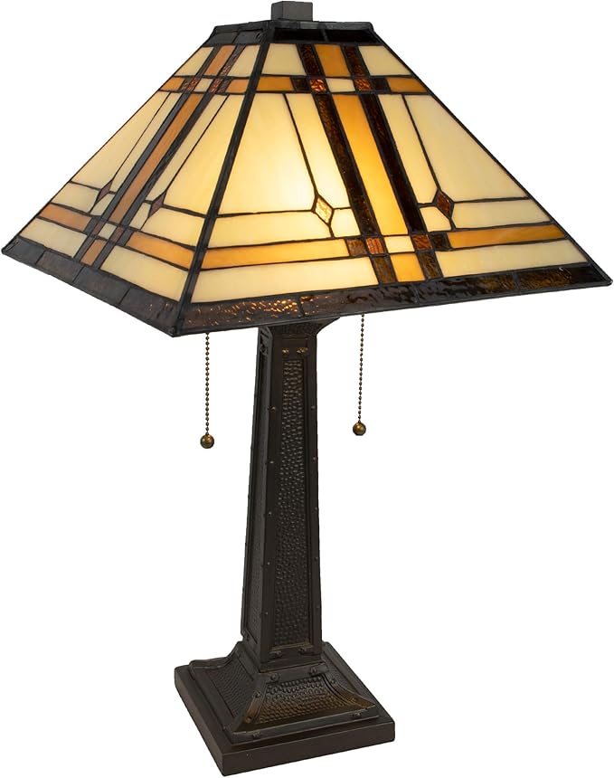Lavish Home Tiffany-Style Table Lamp – Mission-Design Art Glass Lighting with 2 LED Bulbs Included – Vintage-Look Handcrafted Room Décor (Brown)