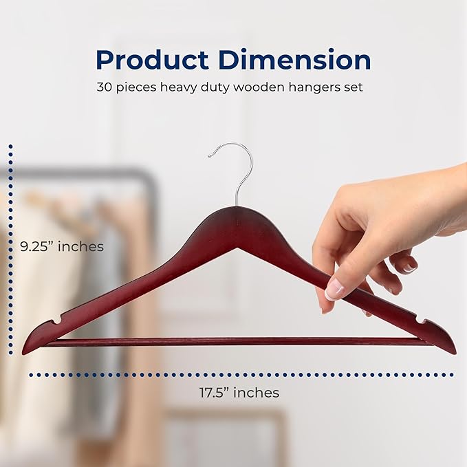 SereneLife 30 Pack Wooden Coat Hangers – Durable Suit Hangers with 360° Swivel Hook & Notches – Slim Design for Shirts, Jackets, Dresses, and More