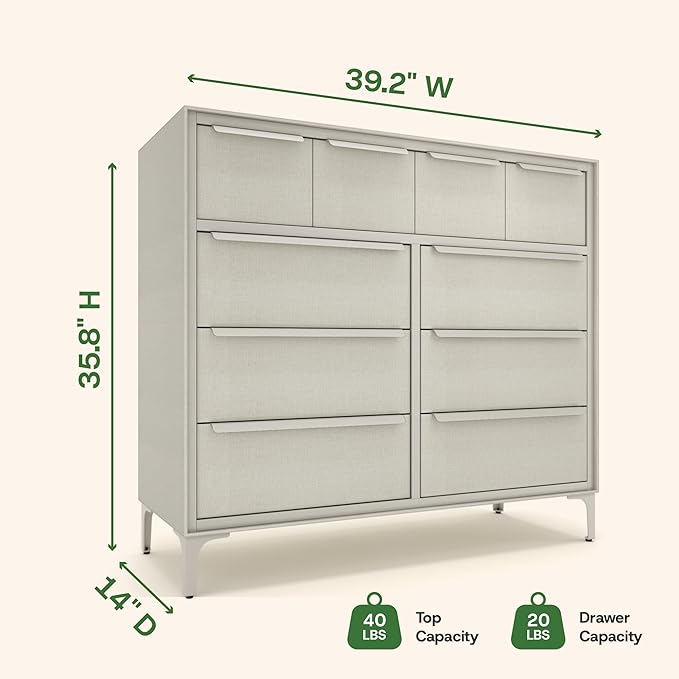 Naima Premium Fabric Dresser - Strong Metal Frame, 10 Spacious Sag-Proof Drawers with Sleek Metal Handles - Premium & Durable Storage Solution for Your Home (Beige)