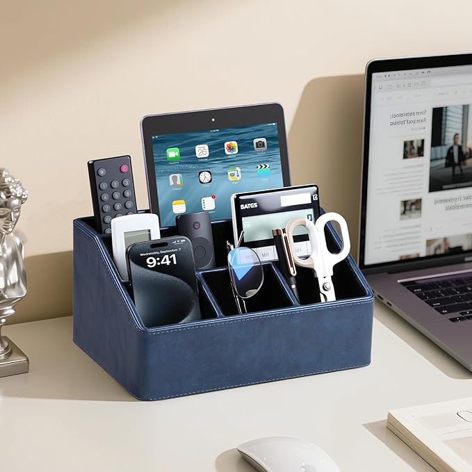 MEIBOOCH PU Leather Desk Organizer, Luxury Remote Control Holder for Home, Office Desk Accessories Table Caddy Bedside Nightstand Organizer (Dark Blue)