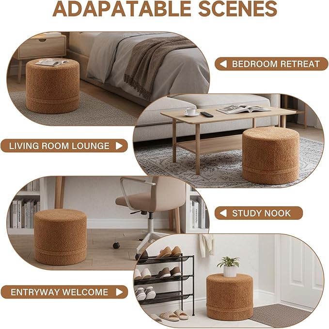 Tiita Pouf Ottoman and Foot Rest, Round Foam Stuffed Floor Pouf with Storag for Living Room, Brown