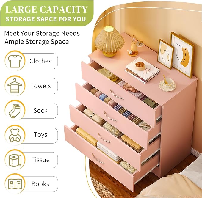 Karl home 4 Pink Drawer Dresser, Modern Chest of Drawers, Wood Bedside Table Night Table,Anti-Tipping Device, Rose Gold Metal Handle