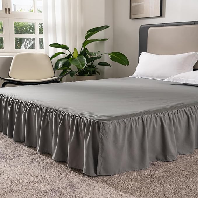 Grey Bed Skirt King Size Ruffled Bed Skirt with Split Corners, King Bed Skirt 12 Inch Drop, King Size Bed Skirt Grey for Ruffled Bed Skirt with Split Corners, Bed Skirt King Size