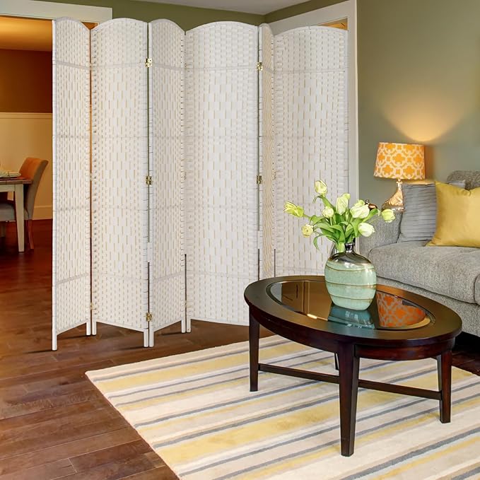 VINGLI 6-Panels Tall Rattan Room Divider, 6 FT Folding Privacy Screen, Indoor Partition Wall Dividers, Freestanding Hinged Space Separator (White)