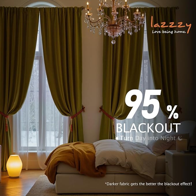 Lazzzy Velvet Blackout Curtains Thermal Insulated Room Window Drapes Super Soft Luxury Curtains for Living Room Bedroom Rod Pocket 2 Panels, Golden Olive, 52" W x 108" L