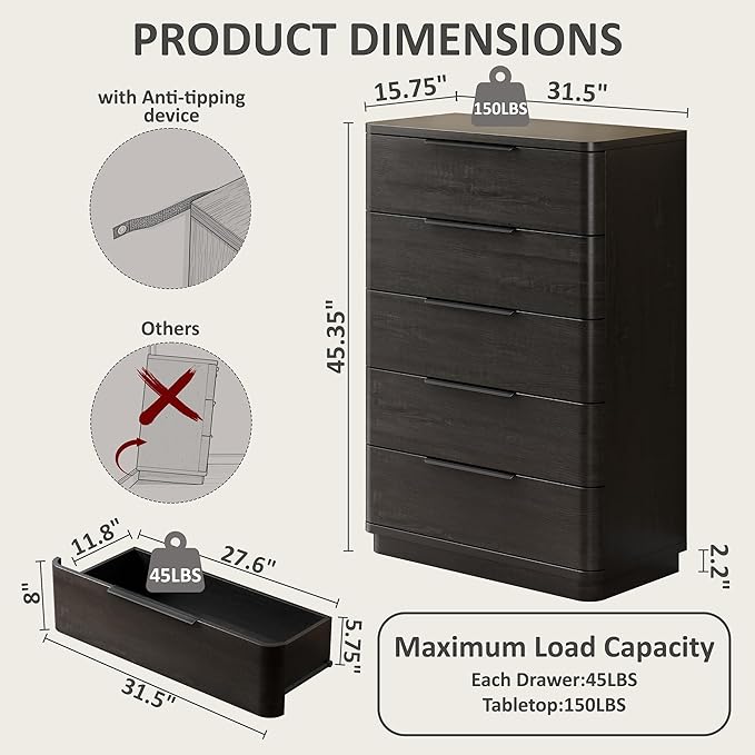 5 Drawer Dresser for Bedroom, 45" Tall Modern Chest of Drawers with Metal Handle, Curved Profile Design, Wooden Closet with Large Drawers Dressers Organizer for Entryway Hallway