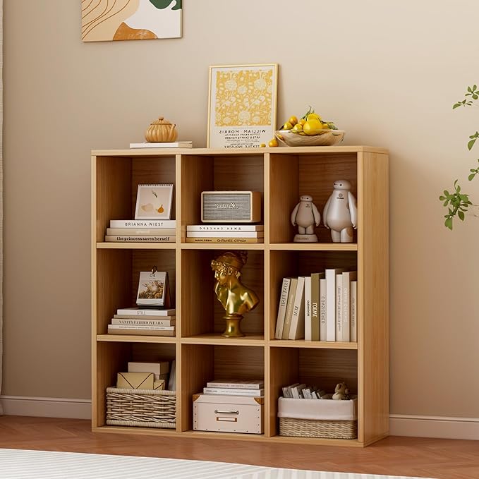 OSCHF 9-Cube Storage Shelf Bookcase - Wooden 3-Tier Floor Standing Open Bookshelf for Home and Office, Display Cabinet, Oak