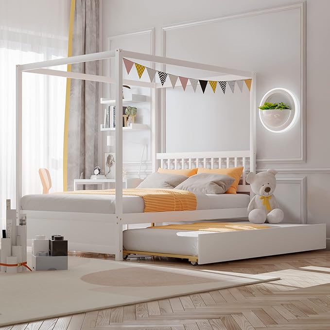 Giantex Canopy Bed with Trundle, Full Size Kids Solid Wood Platform Bed Frame w/Headboard Wooden Twin Trundle Bed for Boys Girls, No Box Spring Needed (White)