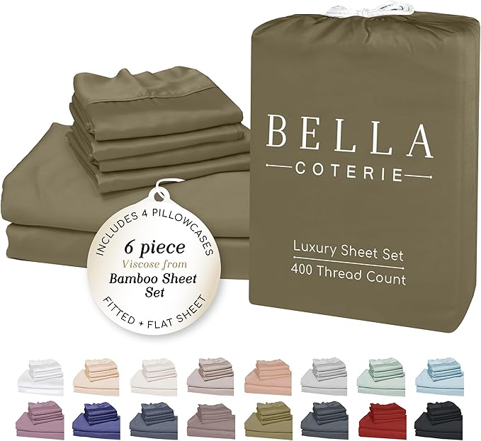 Bella Coterie 6 Piece Luxury Bamboo Viscose California King Size Sheet Set | 100% Organically Grown | Cooling for Hot Sleepers | 18" Deep Pocket | Soft & Hypoallergenic | 4 Pillowcases [Olive]