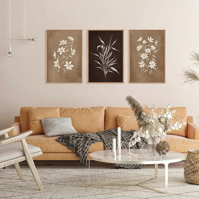 LHIUEM Large Vintage Neutral Botanical Framed Wall Art Set,Brown and Black Flower Wall Decor,Nature Wildflower Artwork,Rustic Plant Floral Art Prints for Living Room,Bedroom,Farmhouse - 24"x36"x3