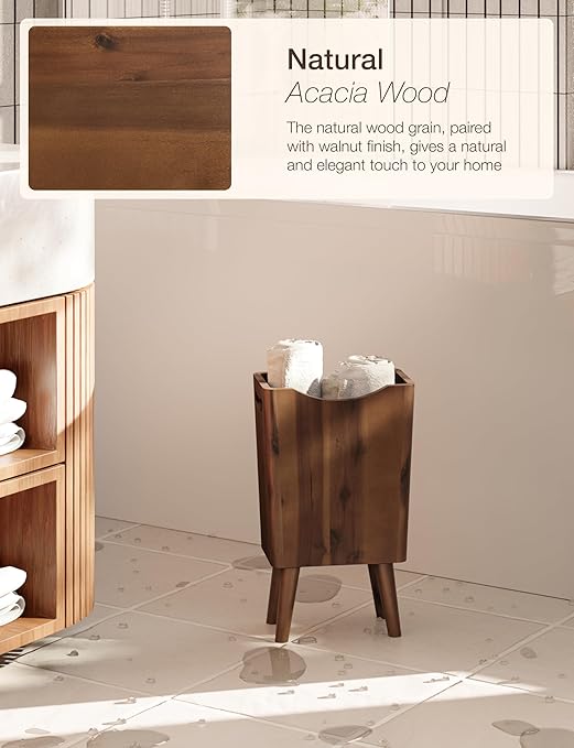 2 Gallons Wooden Trash Can 4 Legs - Acacia Wooden Bin, Wood Bathroom Accessories - Small Bin, Waste Basket for Bedroom, Office Garbage Can - Bathroom Trash Can, Patent Pending (Walnut Color)
