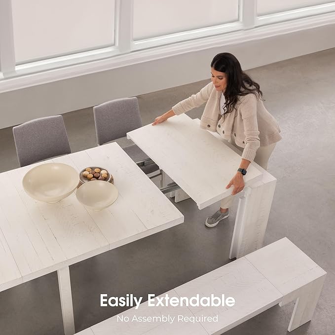 Transformer Table - Solid Wood Extendable Dining Table, Seats 2-12, Extendable Dining Room Table, Space-Saving Furniture, Expandable Dining Furniture (White, Table + Bench + Coffee Table)